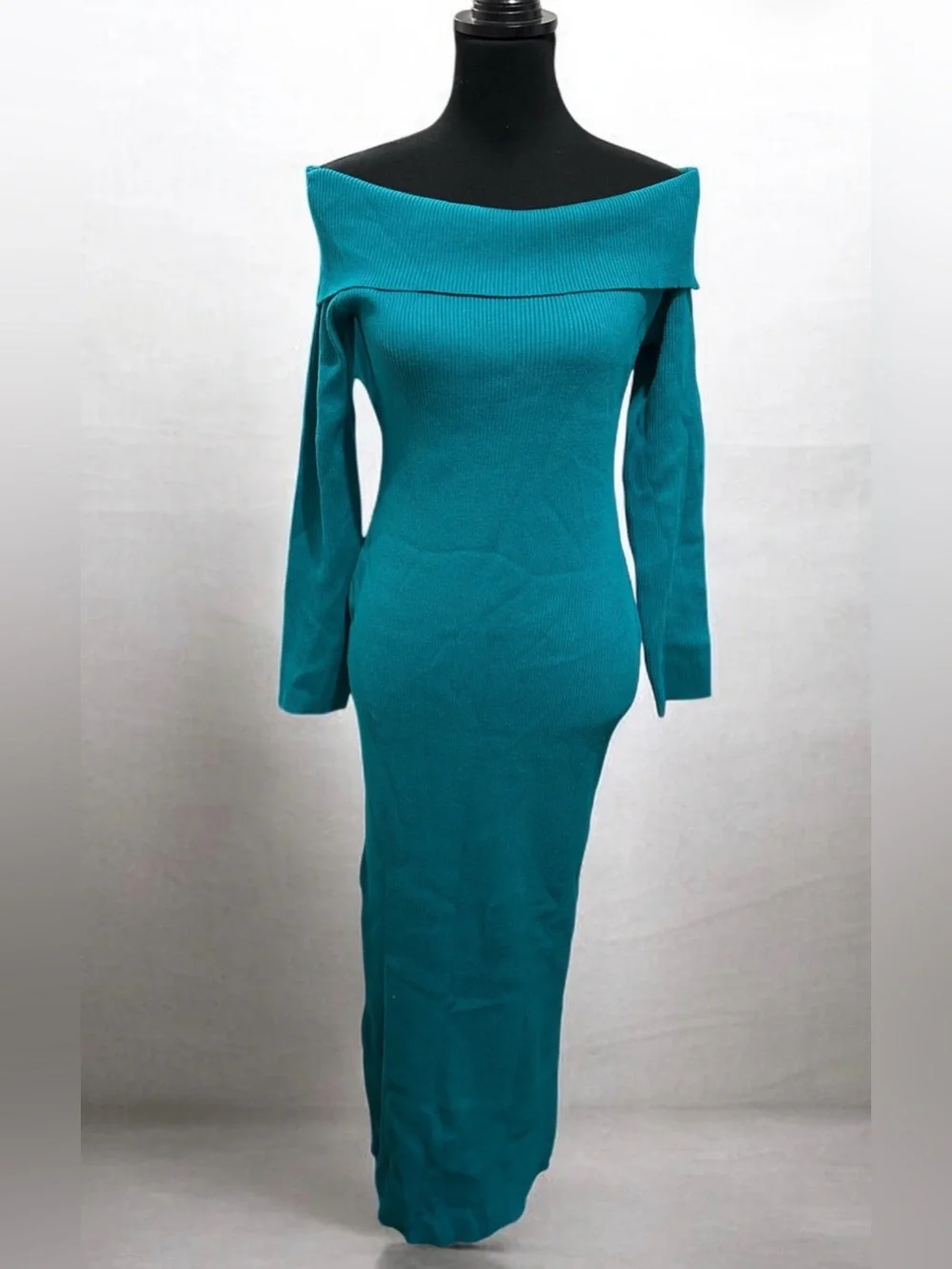 Off-Shoulder Teal Maxi Ribbed Dress